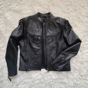 Willie G Harley Davidson Black Leather Fringe Jacket Moto Western Bolo Womens 12